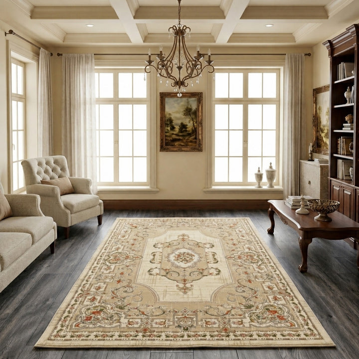 Celsia Beige & Sage Green Traditional Medallion Rug – Ozra Luxury Edition