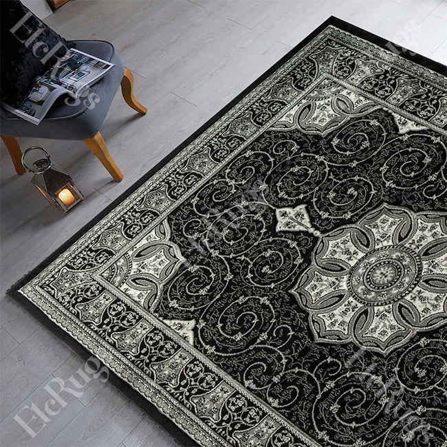 BLACK TRADITIONAL RUG - ROYAL SILK YILDIZ CARVING-1182B