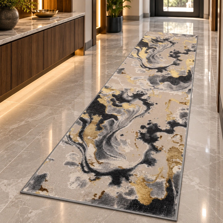 Platinum 928B Grey & Gold Modern Abstract Runner Rug (60x230 CM)