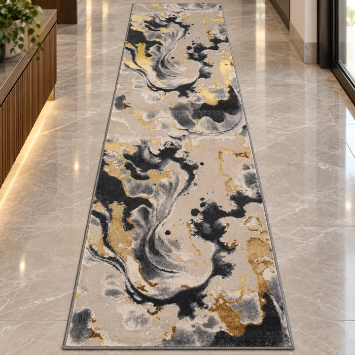 Platinum 928B Grey & Gold Modern Abstract Runner Rug (60x230 CM)