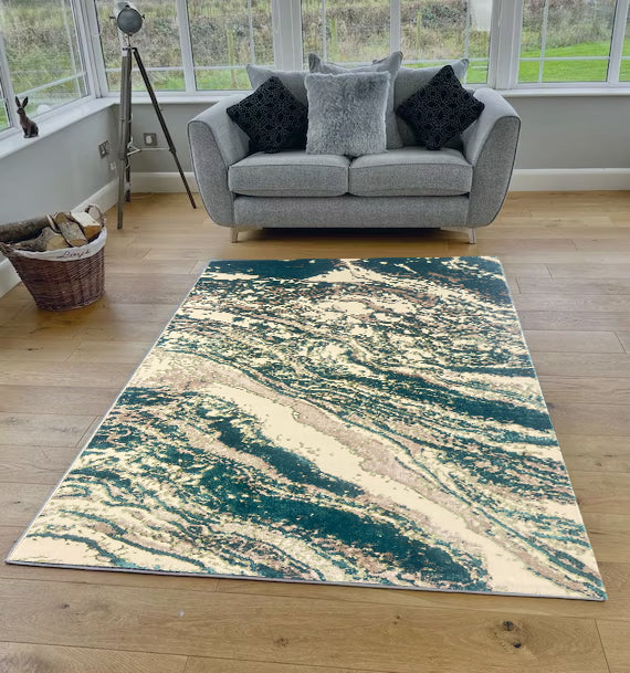 Teal Ivory Marble Shimmer Verozi Rug - 269