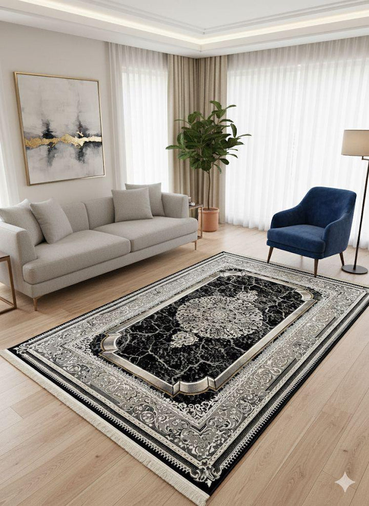 SHIRAZ TRADITIONAL PERSIAN-STYLE AREA RUG - BLACK & SILVER