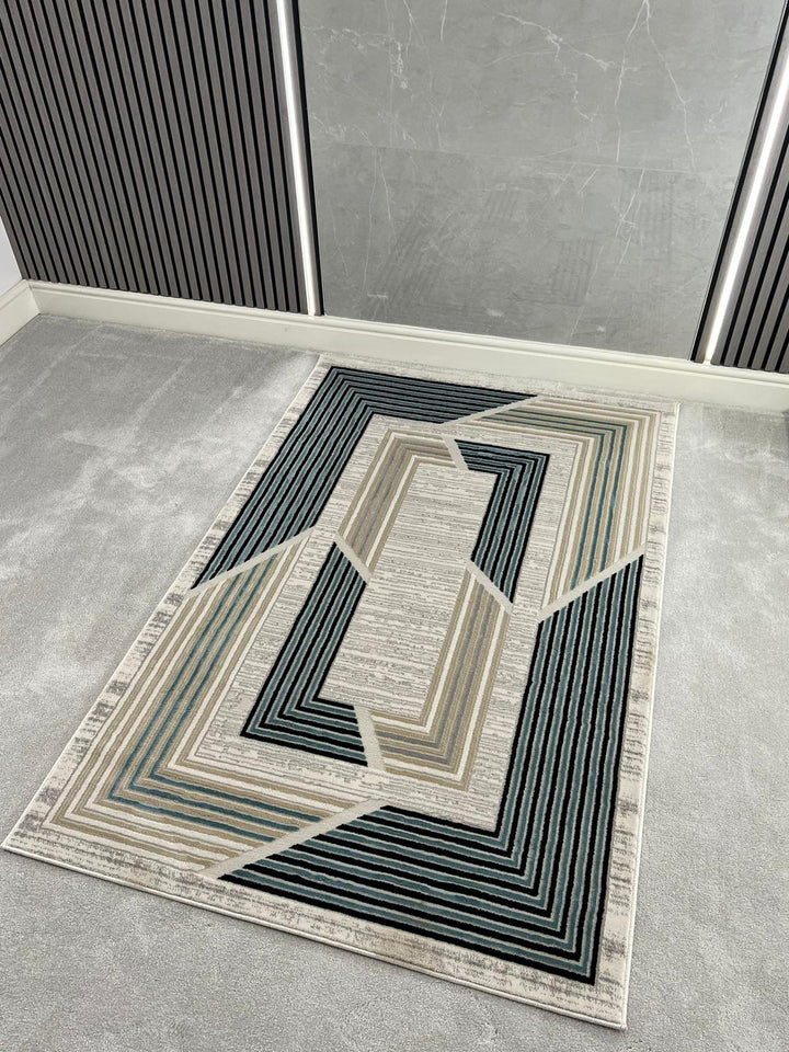 TROYA MODERN GEOMETRIC AREA RUG - TEAL & BEIGE