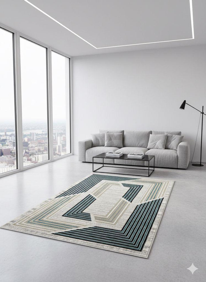 TROYA MODERN GEOMETRIC AREA RUG - TEAL & BEIGE