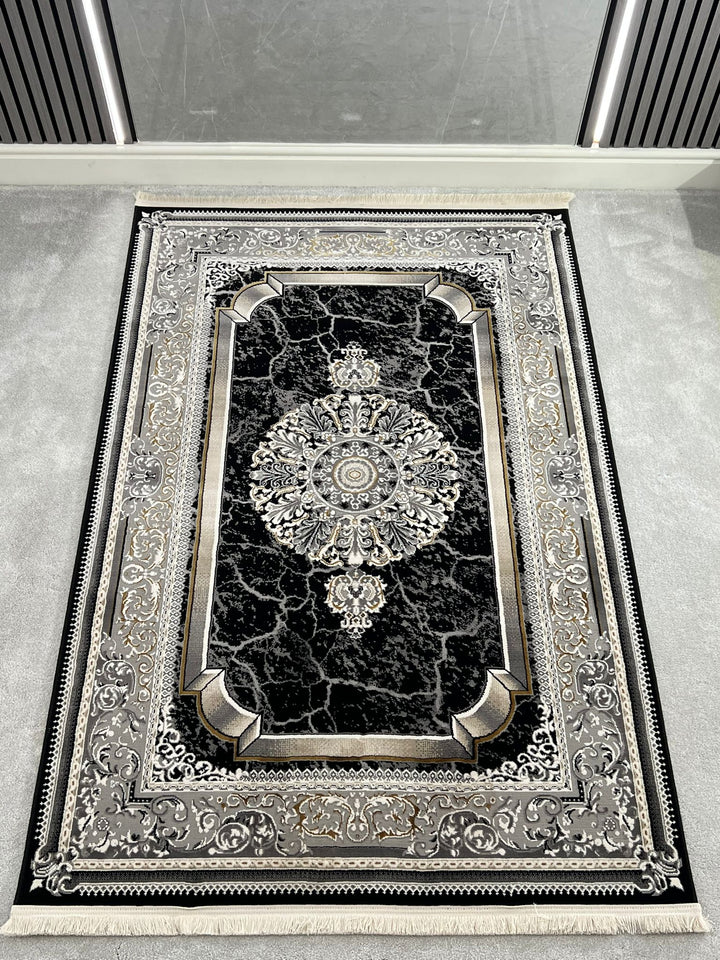 SHIRAZ TRADITIONAL PERSIAN-STYLE AREA RUG - BLACK & SILVER