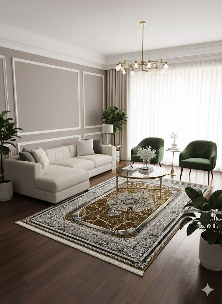 SHIRAZ TRADITIONAL PERSIAN-STYLE AREA RUG - MUSTARD & GREY
