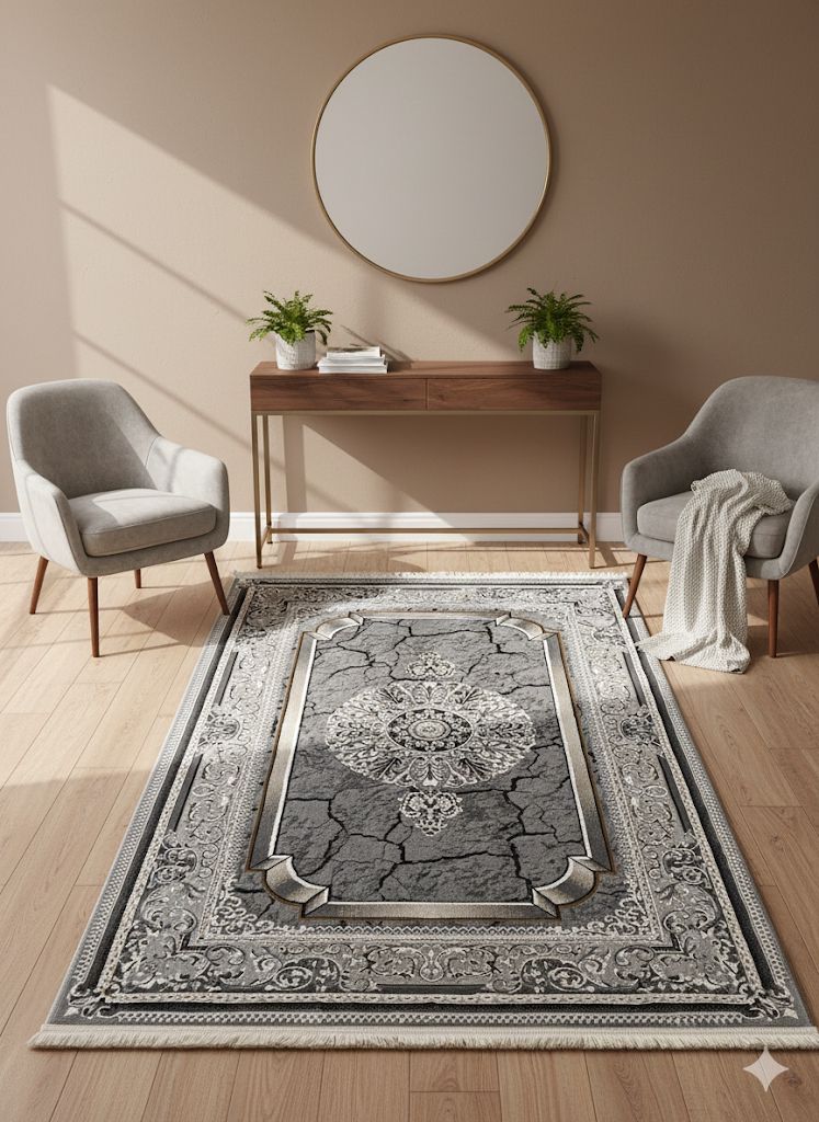 SHIRAZ TRADITIONAL PERSIAN-STYLE AREA RUG - LIGHT GREY & SILVER