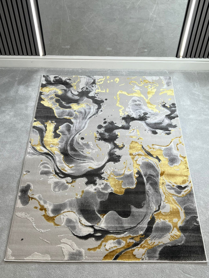 Platinum Marble Shimmer Rug | Luxury Marble Design -R9282 - Gold