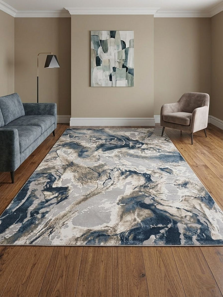 Lynosse Modern Abstract Marble Rug in Blue & Grey