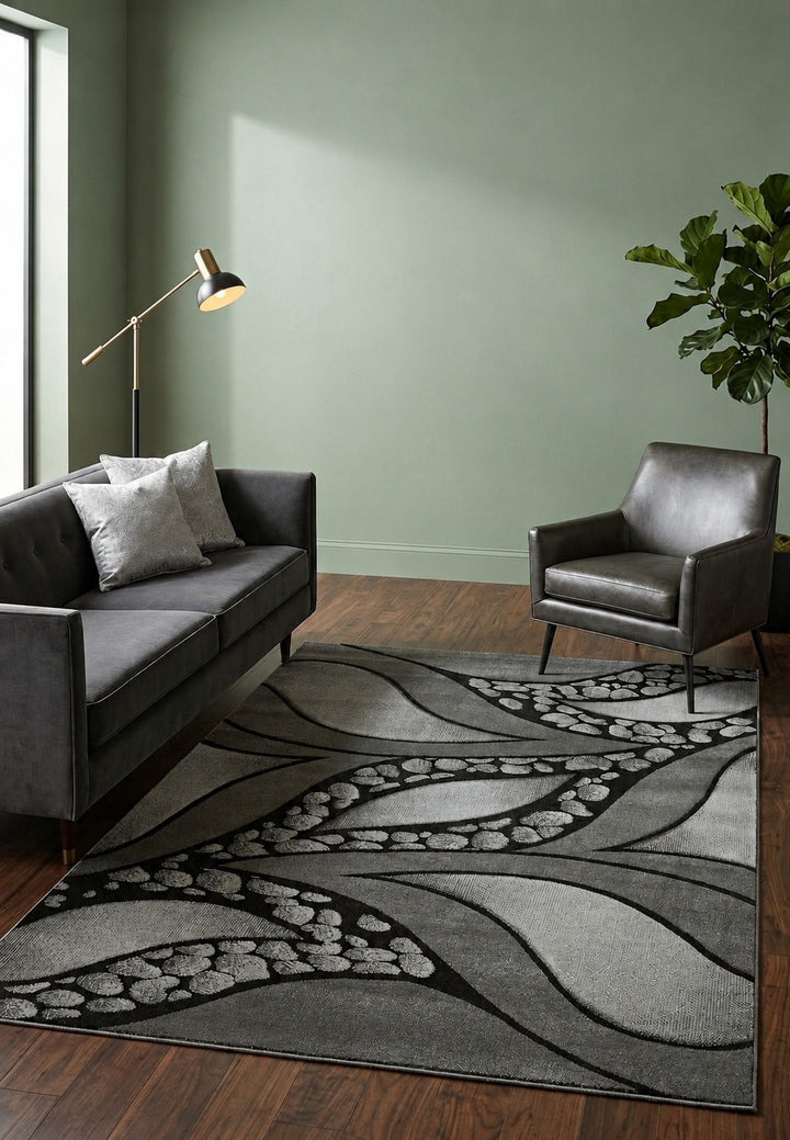 Morrtti Modern Geometric Leaf Rug in Silver & Charcoal