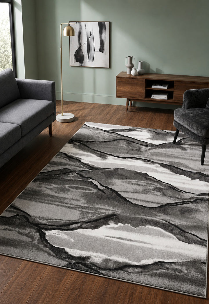 Morrtti Modern Abstract Landscape Rug in Silver & Slate