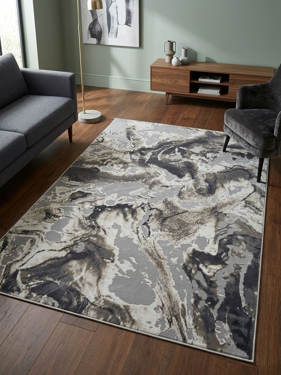 Lynosse Modern Abstract Marble Rug in Charcoal & Stone - 192