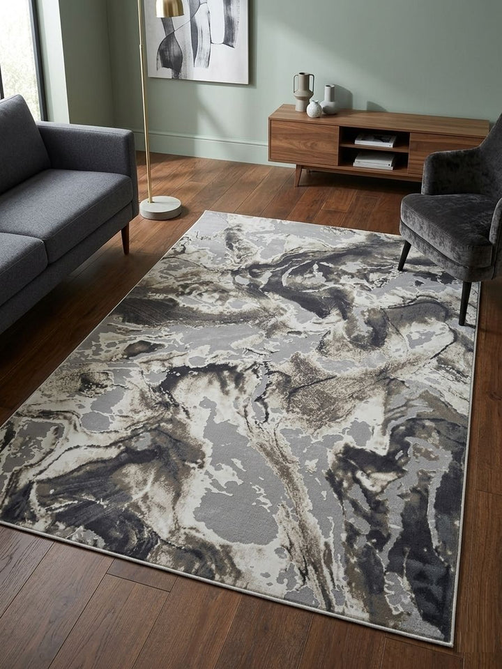 Lynosse Modern Abstract Marble Rug in Charcoal & Stone