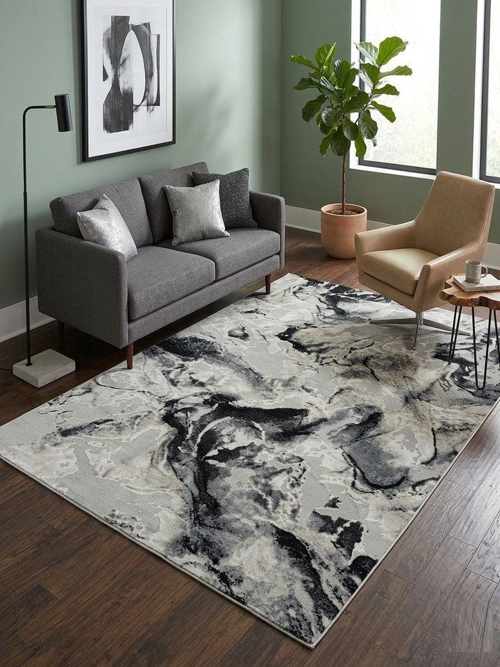 Lynosse Modern Abstract Marble Rug in Black & Grey