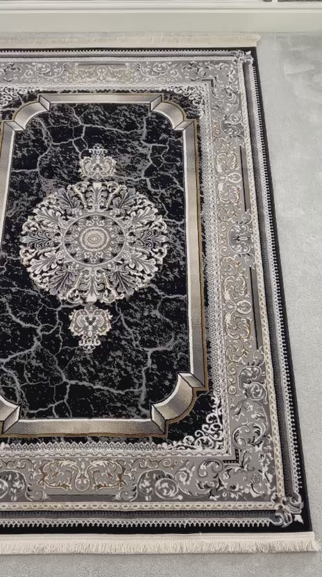 SHIRAZ TRADITIONAL PERSIAN-STYLE AREA RUG - BLACK & SILVER